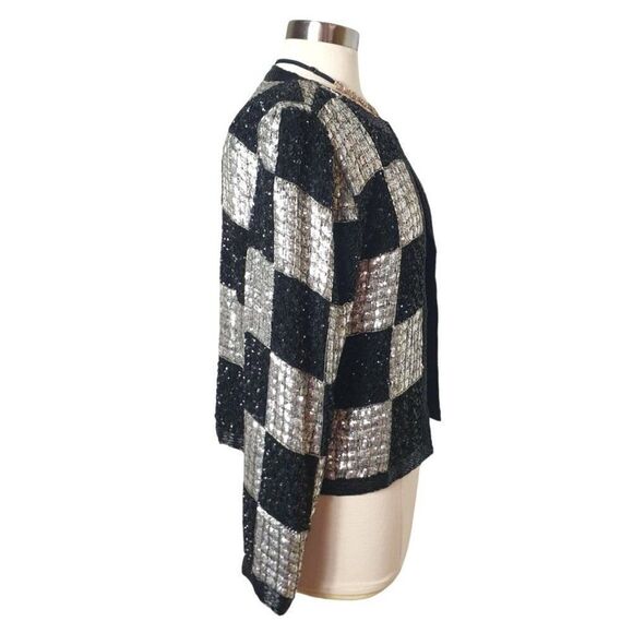 Vintage NITE Line Black Silver Sequin Jacket S Checkered Open Front Silk India - Picture 3 of 7